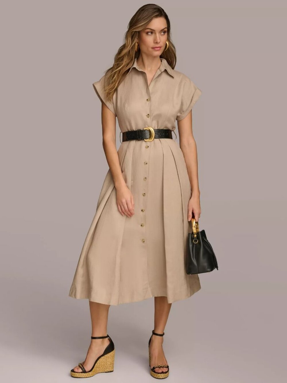 NEW DONNA KARAN Linen Blend Belted Midi Shirtdress Size 12, button front
